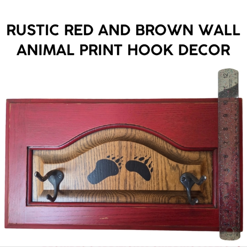 HANDMADE RUSTIC RED W/ BROWN/BLACK WALL ANIMAL PRINT HOOK DECOR WITH HANG HOOK